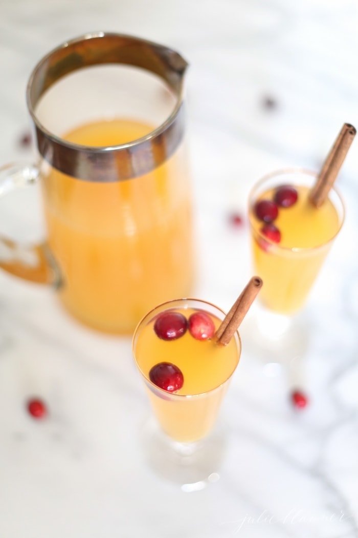 两杯装满鸡尾酒蔓越莓和肉桂棒旁边的水罐