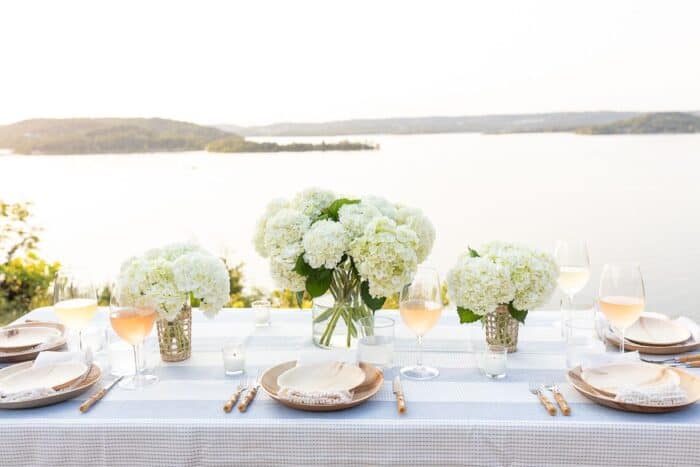 一张桌子设置与水景观的户外用餐。