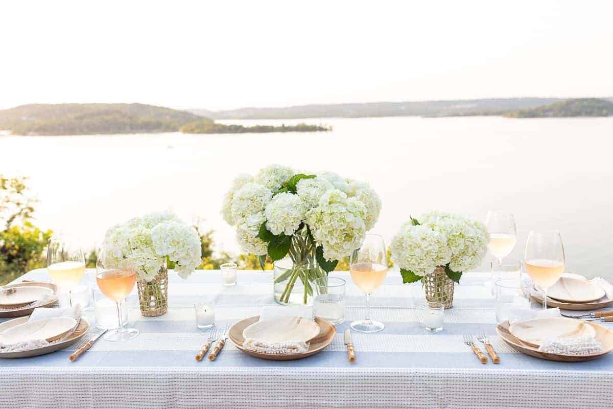 一张桌子设置与水景观户外用餐。