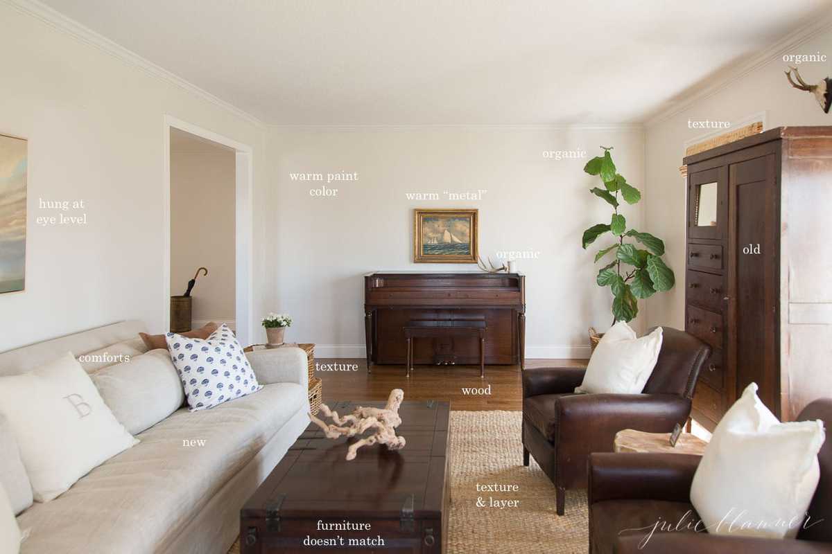 温暖而舒适的客厅，具有中性颜色，木材装饰和有机质地。