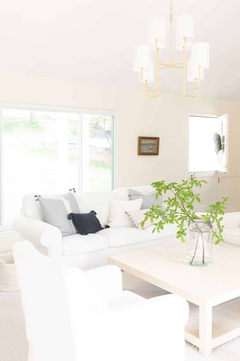 清新的奶油色和白色的家，白色的墙，白色的沙发和椅子。