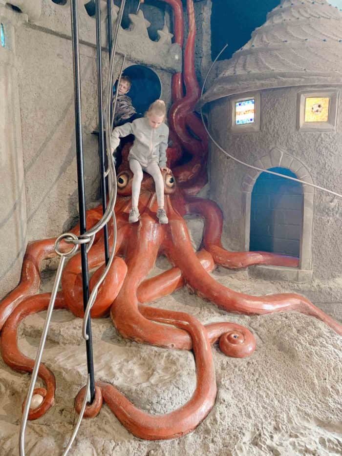 在圣路易斯的城市博物馆里，一个小女孩正在爬下巨大的章鱼。