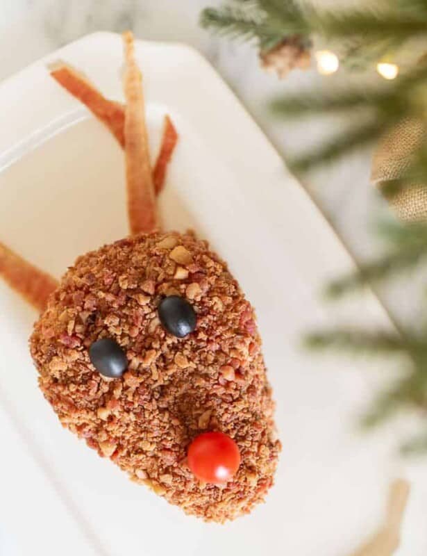 在一个白色盛肉盘的驯鹿的形式圣诞节乳酪球，一个被点燃的圣诞树的边缘在图象的边缘的。