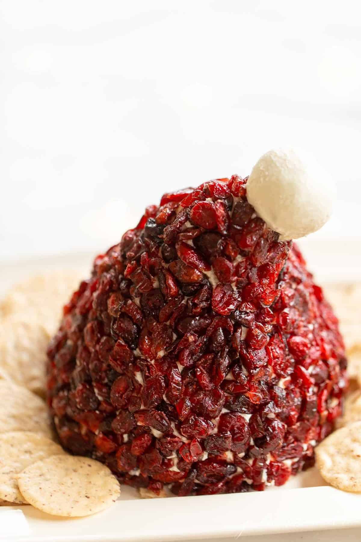 圣诞老人帽子形状的蔓越莓奶酪球在盘子上搭配饼干GydF4y2Ba