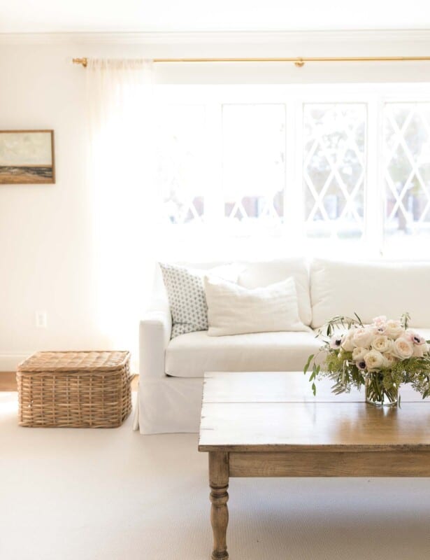 极简主义客厅，带有白色沙发，木咖啡桌。