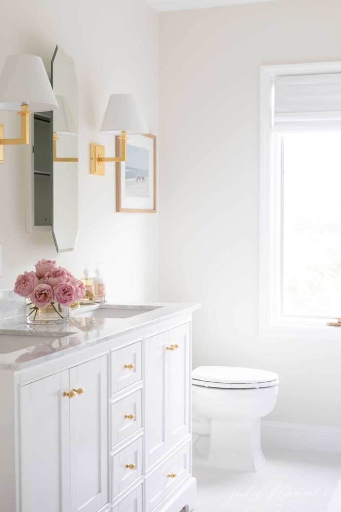 一间白色的浴室，墙壁上有柔软的木马，装饰上的白色鸽子。