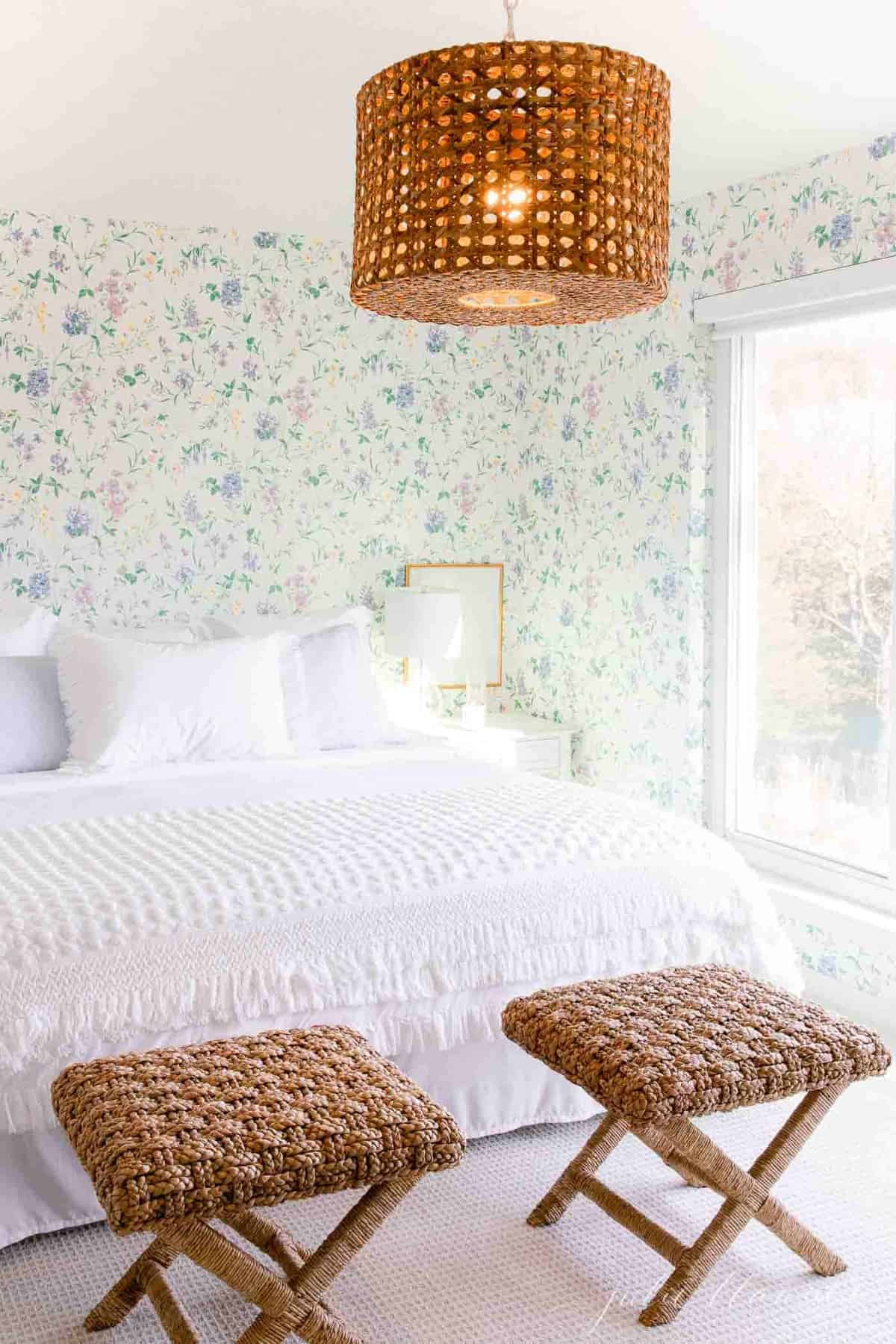一间小屋式的卧室，铺着白色的床上用品，贴着碎花墙纸，还有一扇带遮光罩的大窗户。