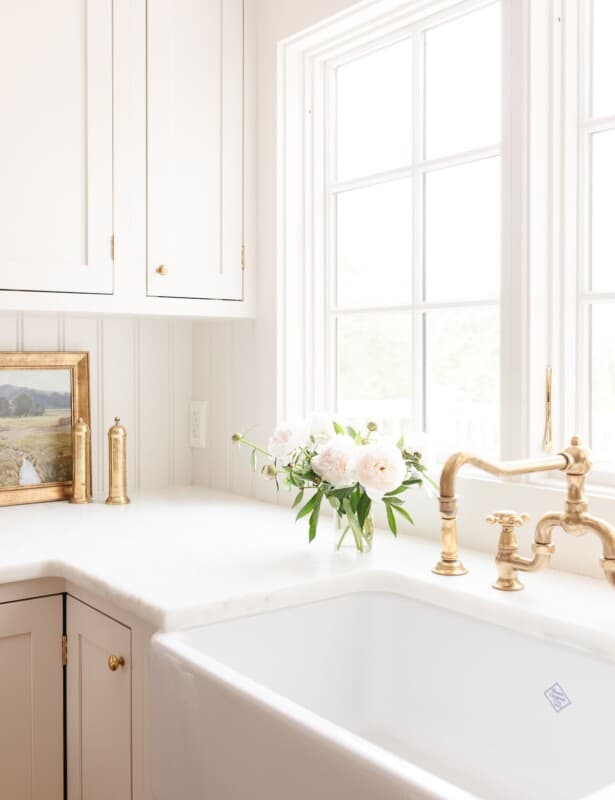 厨房的水槽里有一个黄铜水龙头，旁边插着一朵白色的牡丹花。