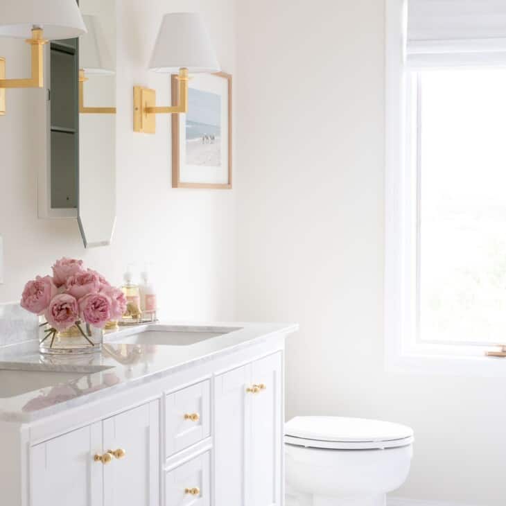一个漂亮的白色浴室，带本杰明·摩尔白色鸽子装饰涂料。