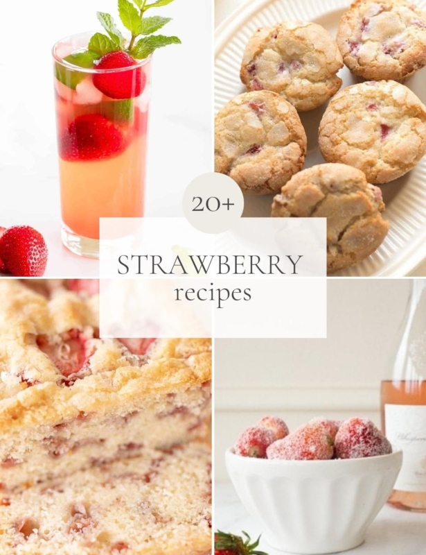 带有草莓食谱照片的图形，标题为“ 20+草莓食谱”vwin德赢手机网页版
