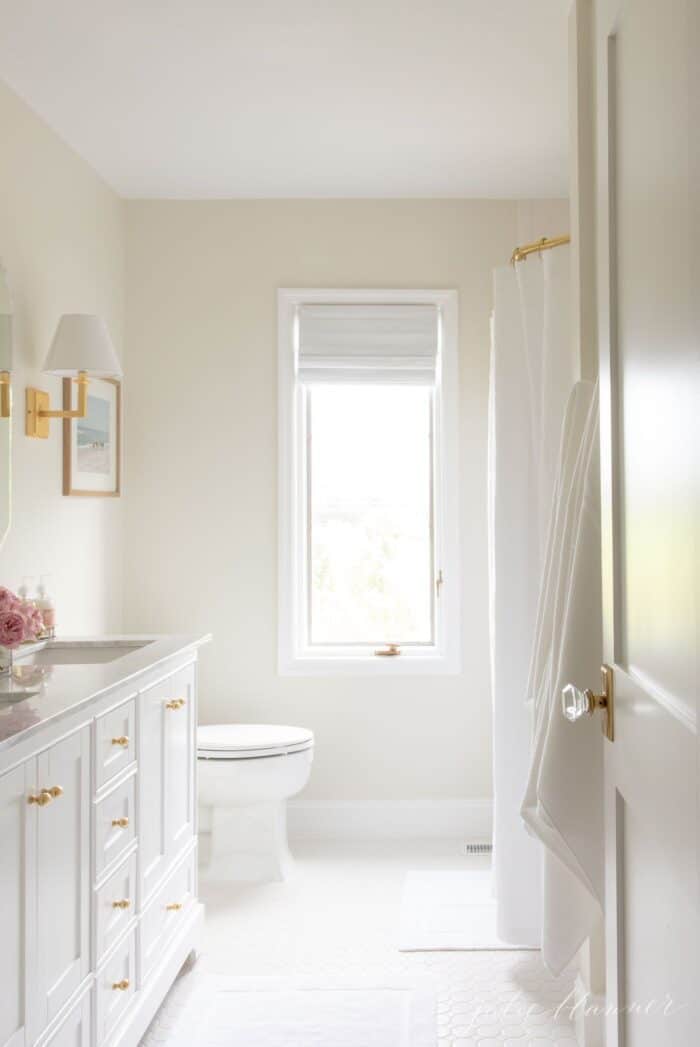 一个漂亮的白色浴室，带本杰明·摩尔白色鸽子装饰涂料。