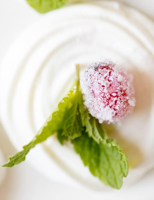 白色的梅伦格圣诞节饼干，带有薄荷和加糖的蔓越莓。