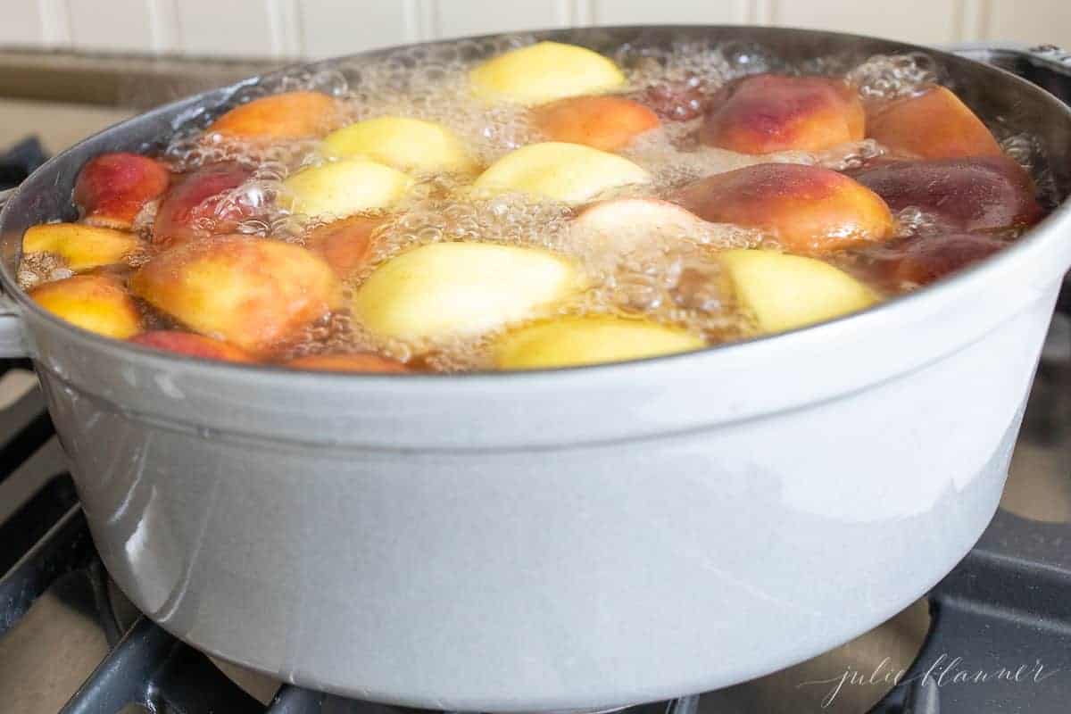 一个铸铁锅装满橘子片，苹果片和更多的自制苹果酒配方。gydF4y2Ba