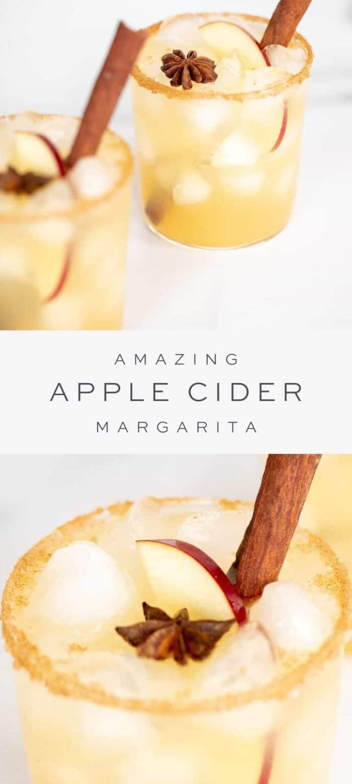 两个苹果酒玛格丽塔酒和肉桂棒和苹果切片装饰，文字覆盖，苹果苹果酒的特写GydF4y2Ba