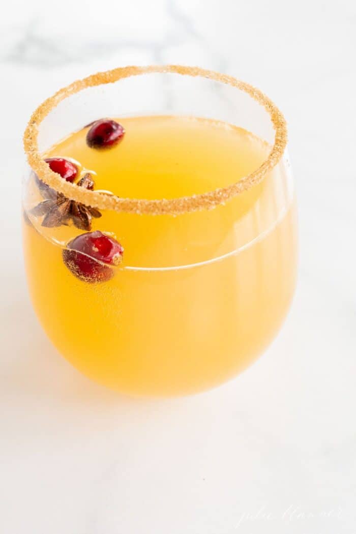 一个透明的杯子，装满圣诞桑格利亚汽酒，蔓越莓和肉桂棒。gydF4y2Ba