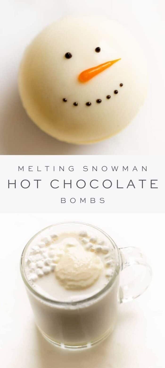 雪人热巧克力炸弹，覆盖文本，雪人热巧克力炸弹融化在马克杯gydF4y2Ba