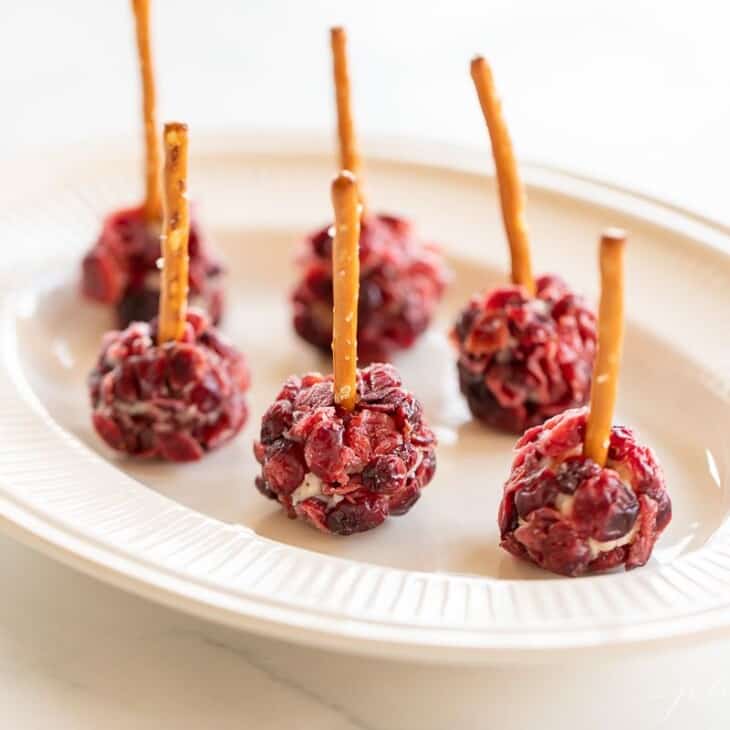 单独的奶酪球，上面覆盖着蔓越莓干，椒盐卷饼棒从每个白色的盘子里伸出来。
