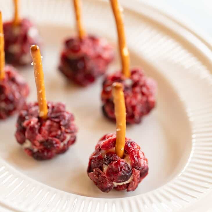 单独的奶酪球，覆盖着干蔓越莓和椒盐脆饼棒在每个白色盘子。