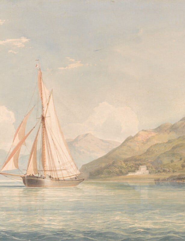 A pale pastel public domain painting of a sailboat in the ocean.