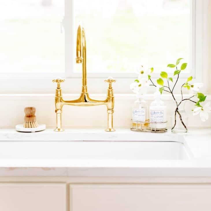 一个白色的厨房水槽区域，带有黄铜桥龙头，水槽上的窗户和花瓶到侧面。