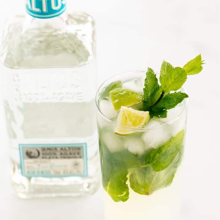 在白色表面上的透明玻璃杯中的龙舌兰酒莫吉托（Tequila Mojito），上面饰有柠檬楔子和新鲜薄荷，背景中的龙舌兰酒。GydF4y2Ba