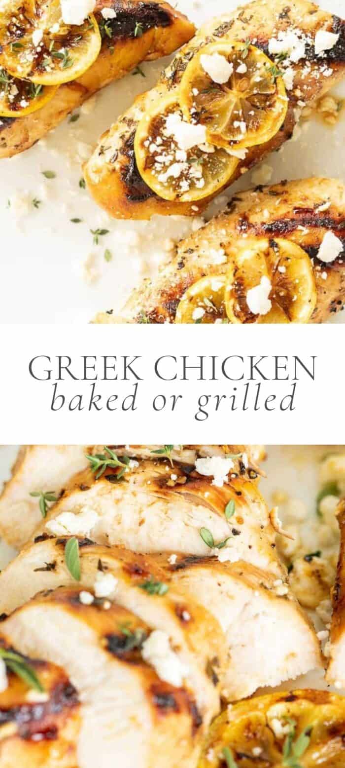 希腊鸡配柠檬片和羊乳酪，覆盖文字，希腊鸡片特写gydF4y2Ba