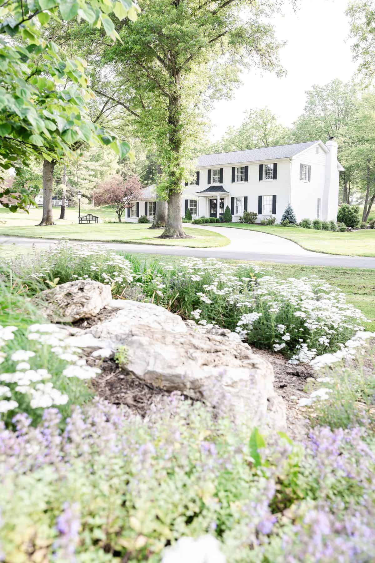 一座白砖房坐落在绿树和鲜花之间。