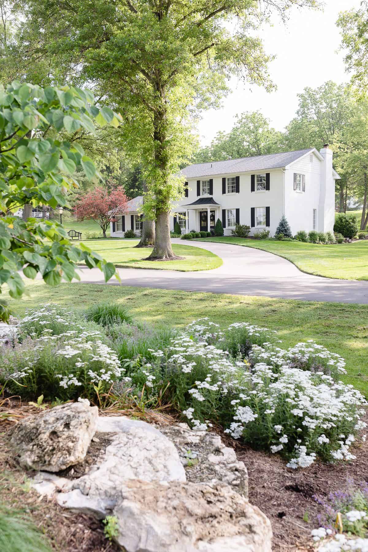 一座白砖房坐落在绿树和鲜花之间。
