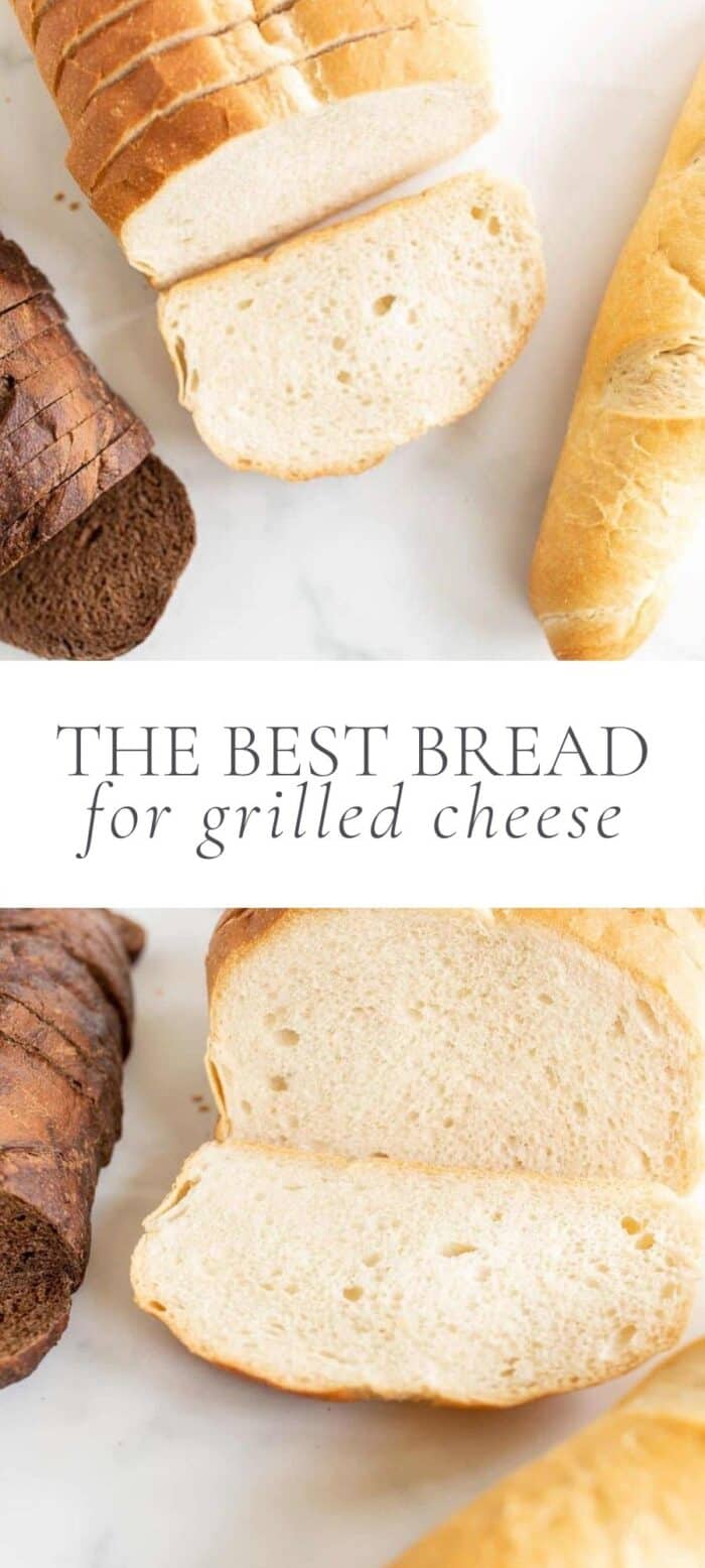 3条面包烤奶酪，覆盖文字，面包的特写