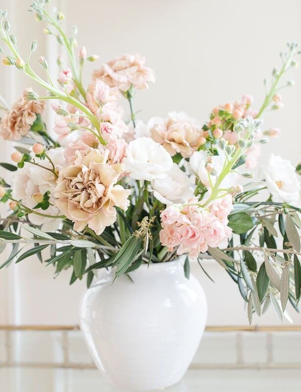 在白色背景的白色花瓶中，古董康乃馨，库存和绿化。