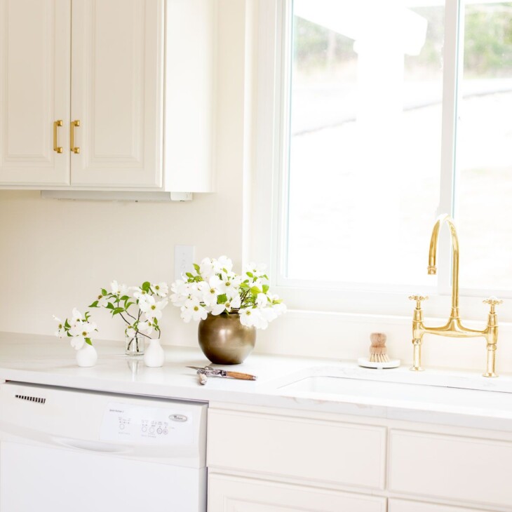 在奶油色的厨房里，一个白色石英台面，台面边缘柔和，水槽上有黄铜水龙头。