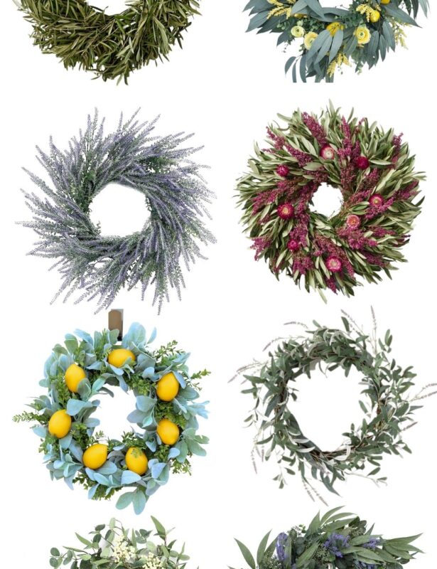 A graphic with 8 spring wreaths for front doors, with a headline that reads 