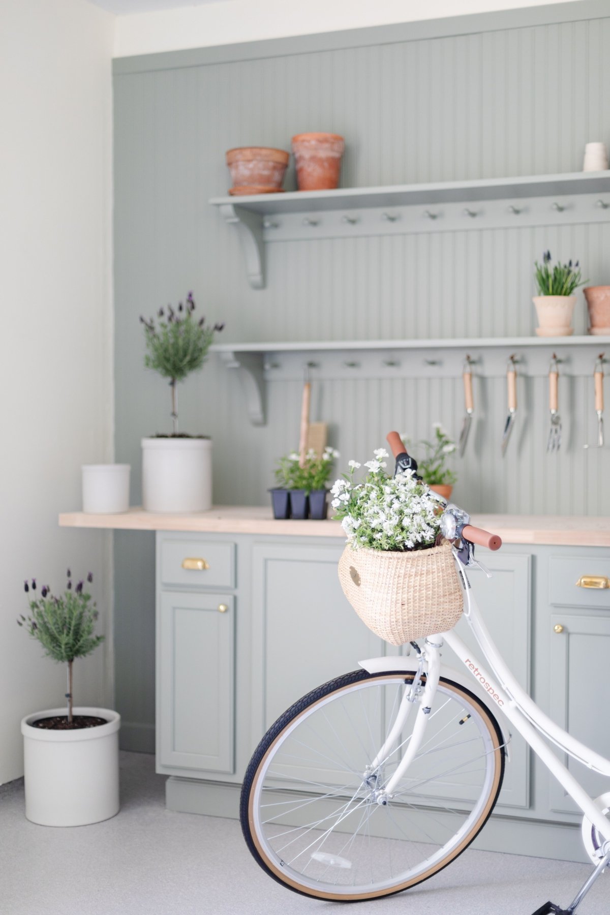 一个绿色的盆栽长椅，上面有园艺工具和鲜花，前面有一辆白色的自行车