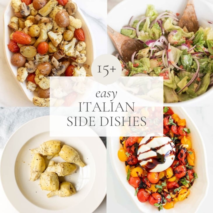 图片上有四道配菜，标题是“15道简单的意大利配菜”gydF4y2Ba