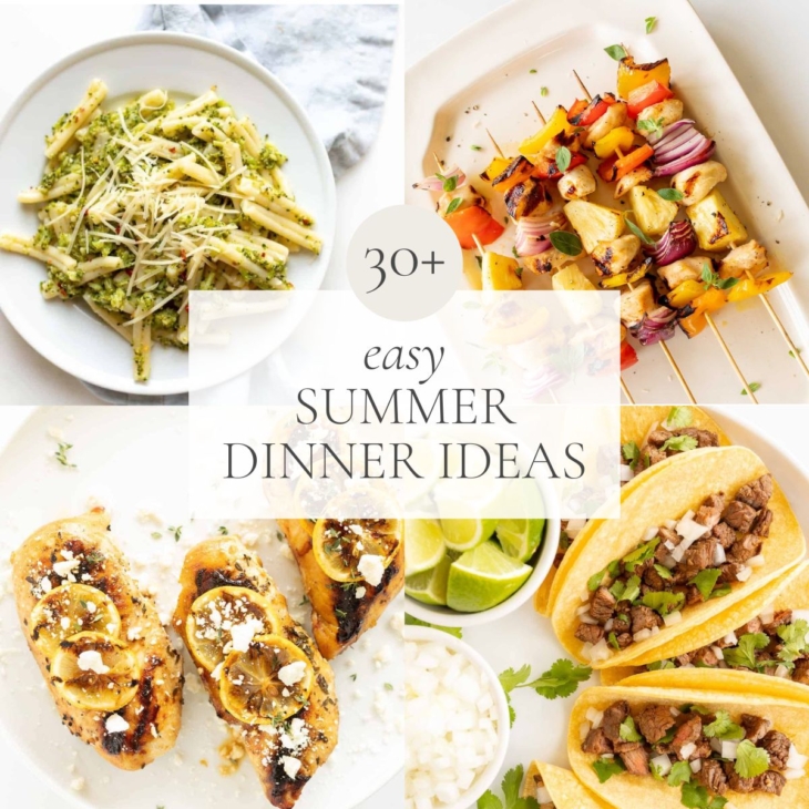 各种各样的晚餐选择在一个标题为“30个简单的夏季晚餐想法”的图形上gydF4y2Ba