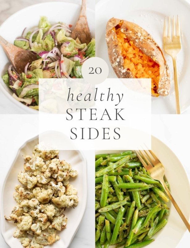 标题为“ 20个健康牛排侧”和素食配菜图像的图形图像